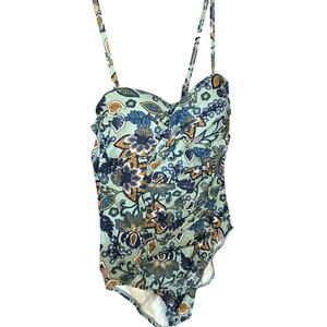 Tahiti Swimsuit Blue Green Paisley Floral One Piece Ruched Tummy Control Size M